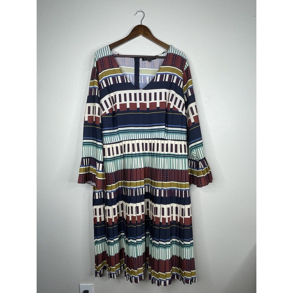 Eloquii Striped Printed Long Sleeve Midi Dress with Pleated 20 Fall Patterned